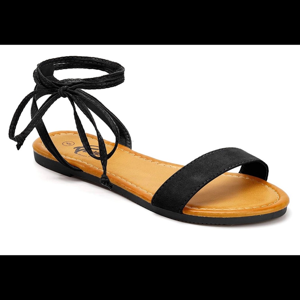 Open Toe Tie Ankle Wrap Flat Sandals black size 8
